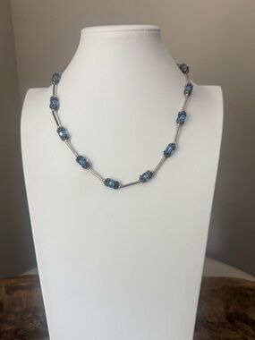 Vintage Blue Beads and Silver Tubes Beaded Necklace